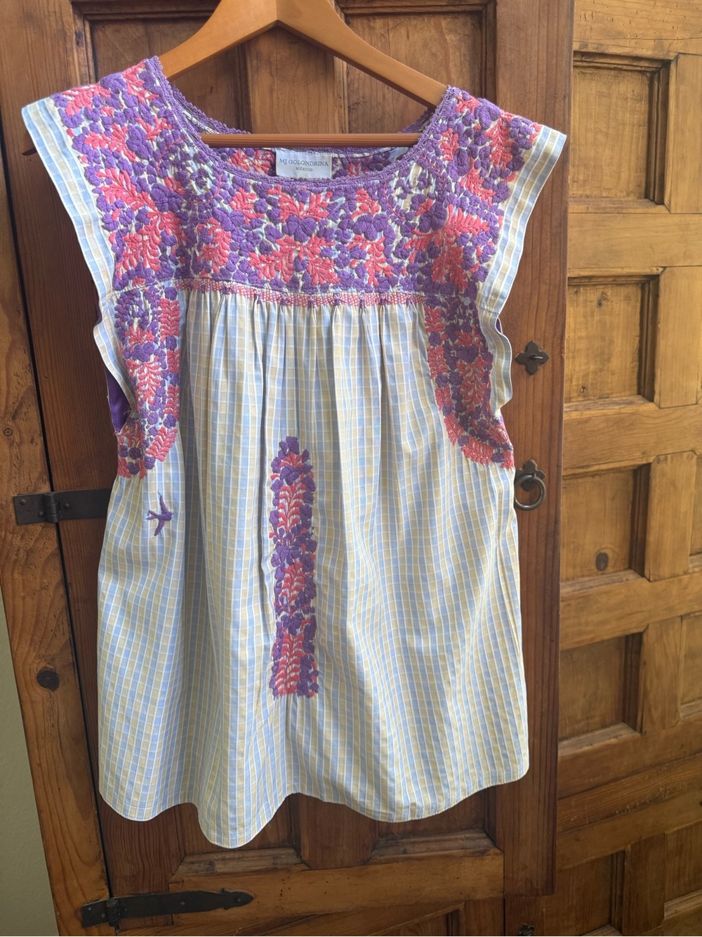 Mi Golondrina rare striped hand embroidered top sz L